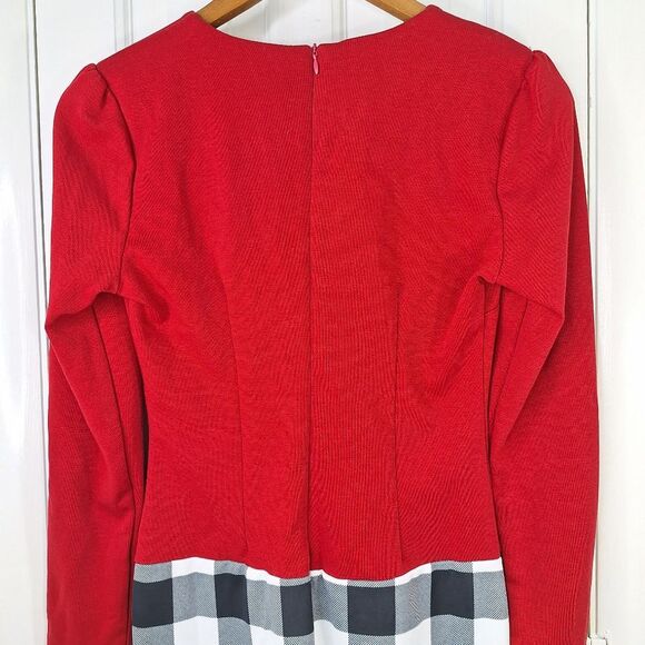 NWT Oxiuli Fashion Red Black Colorblock Checkered Long Sleeve Bodycon Dress Sz M - Picture 4 of 13